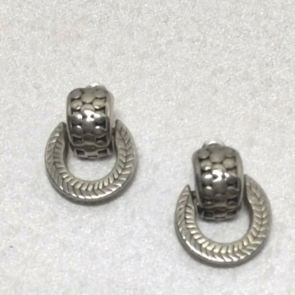 Vintage Style Silver Tone Textured Door Knocker Drop Earrings Push Back